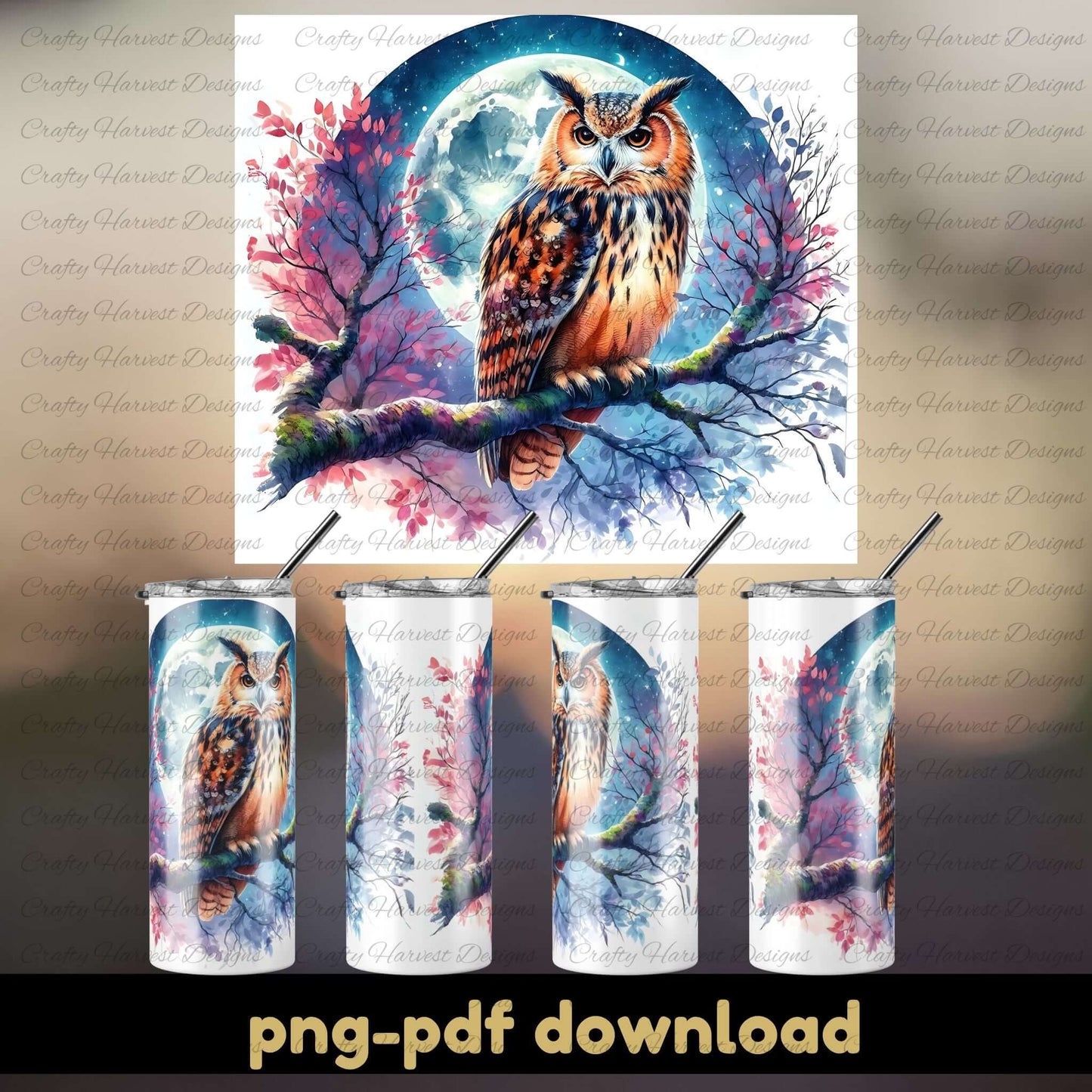 Set of tumblers with owl design and matching poster on a gradient background.