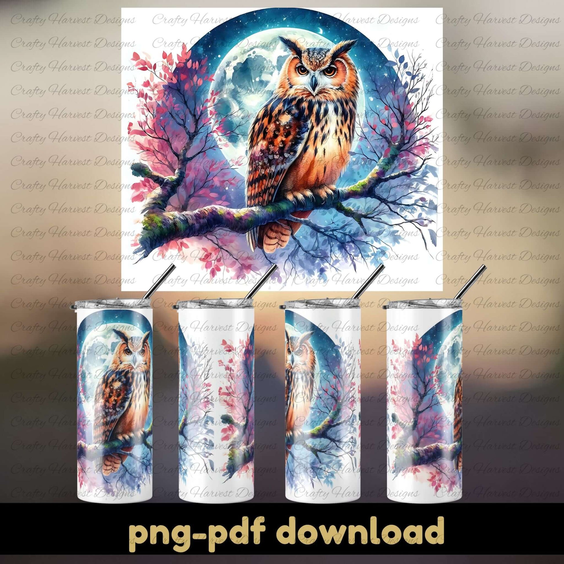Set of tumblers with owl design and matching poster on a gradient background.