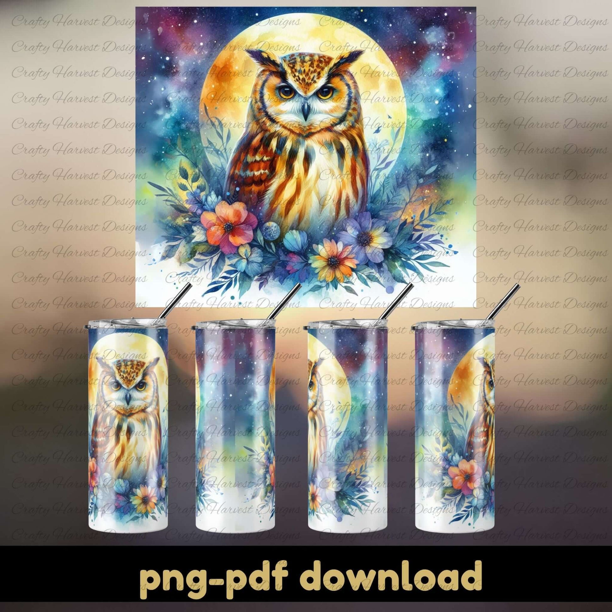 Set of tumblers with owl design and floral elements on a gradient background.
