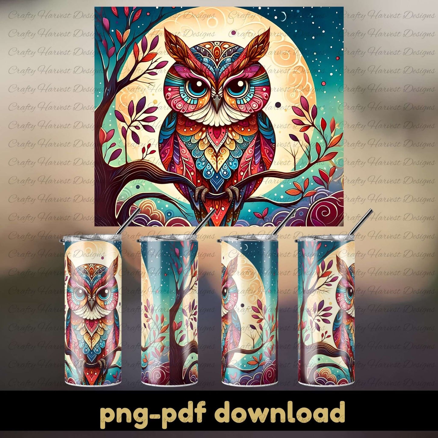 Colorful owl design on a tumbler with a matching poster in the background.