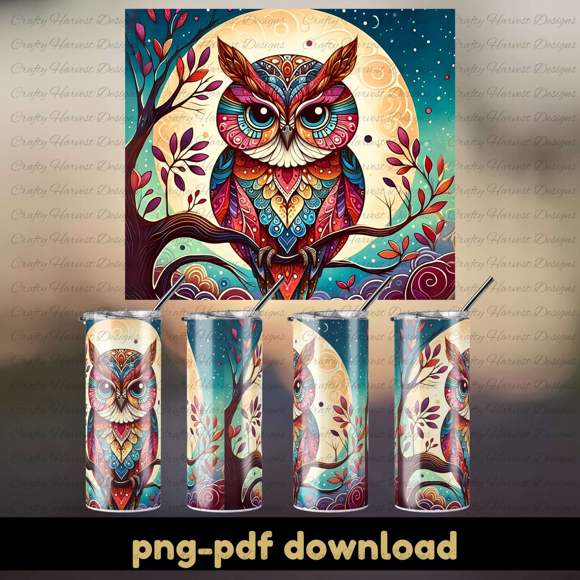 Colorful owl design on a tumbler with a matching poster in the background.