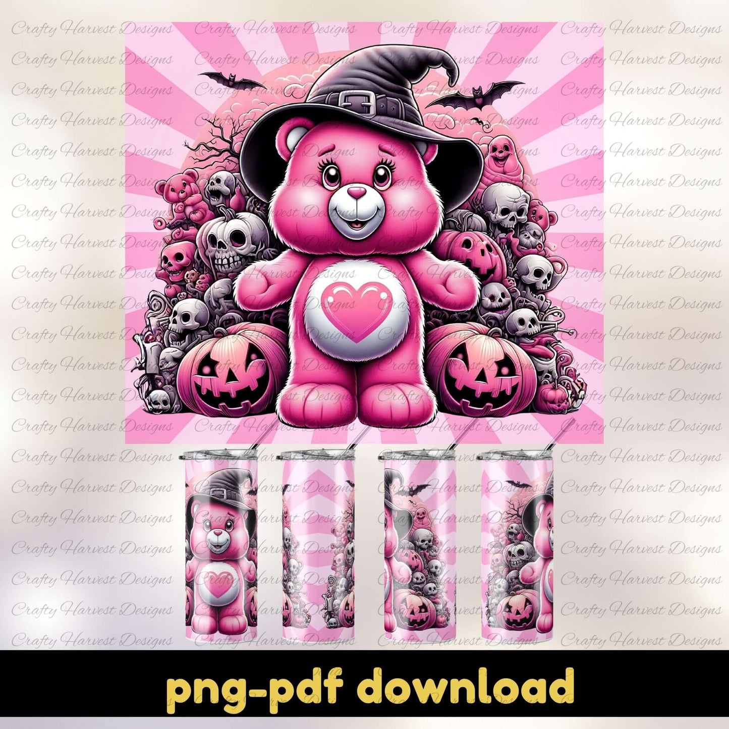 A Halloween tumbler wrap design featuring a pink cartoon bear in a witch hat with a heart on its belly. The bear stands in front of pumpkins and a pile of skulls on a pink background with bats in the sky. Mockups of the 20oz skinny tumbler with the design applied are shown below. The text “png pdf download” appears at the bottom.