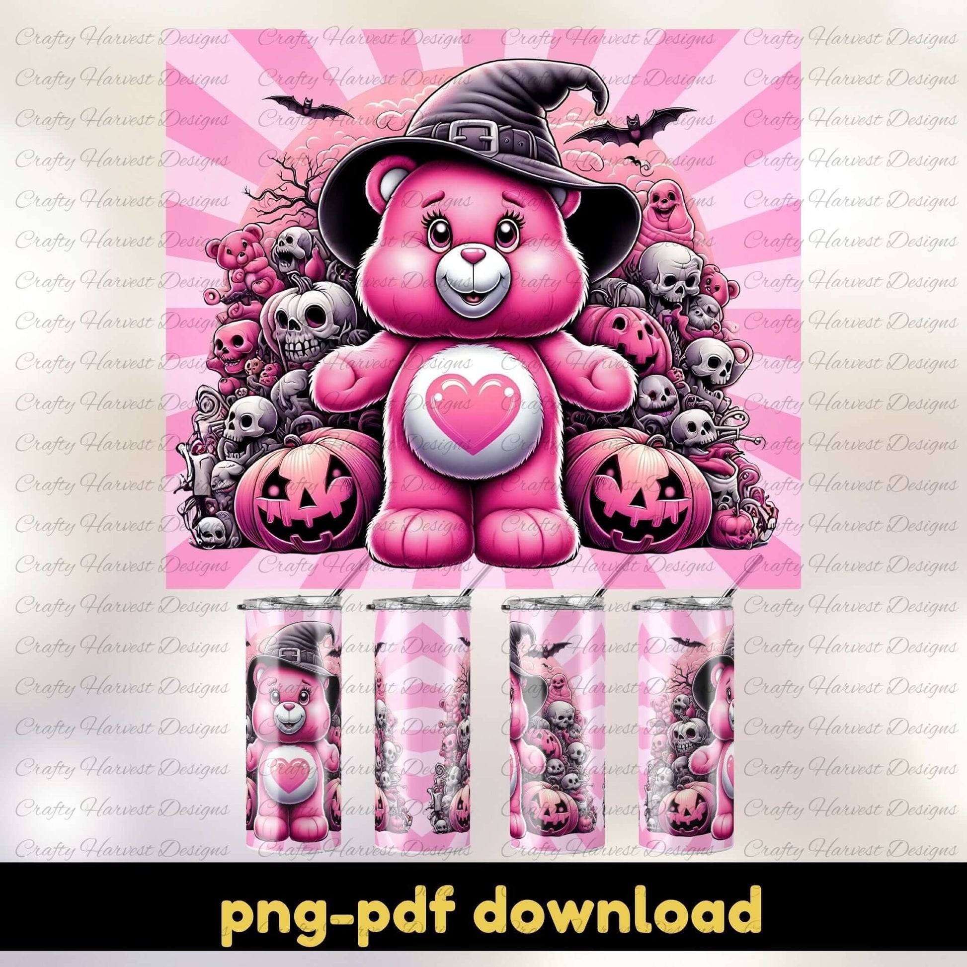 A Halloween tumbler wrap design featuring a pink cartoon bear in a witch hat with a heart on its belly. The bear stands in front of pumpkins and a pile of skulls on a pink background with bats in the sky. Mockups of the 20oz skinny tumbler with the design applied are shown below. The text “png pdf download” appears at the bottom.