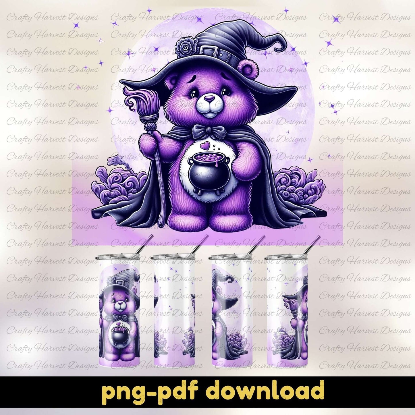 A Halloween tumbler wrap design featuring a purple cartoon bear dressed as a witch with a hat, cape, and broom. The bear is holding a cauldron in front of a glowing moon with stars and swirls in the background. Mockups of the 20oz skinny tumbler with the design applied are shown below. The text “png pdf download” appears at the bottom.