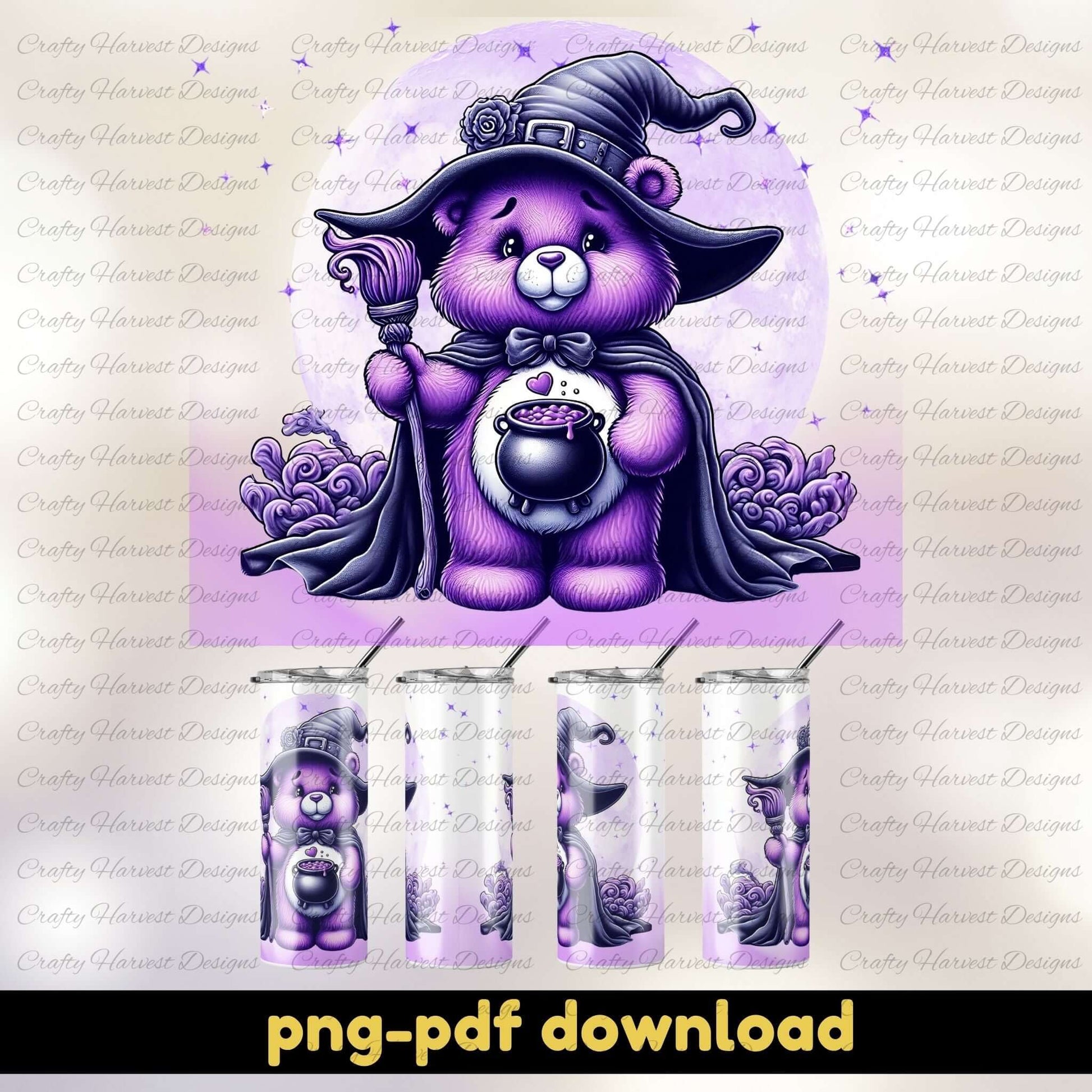 A Halloween tumbler wrap design featuring a purple cartoon bear dressed as a witch with a hat, cape, and broom. The bear is holding a cauldron in front of a glowing moon with stars and swirls in the background. Mockups of the 20oz skinny tumbler with the design applied are shown below. The text “png pdf download” appears at the bottom.