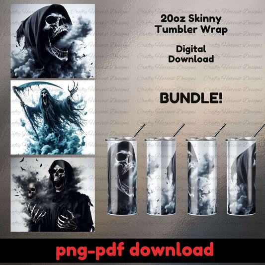 Digital download bundle for 20oz Skinny Tumbler Wrap with grim reaper design on a gray background.