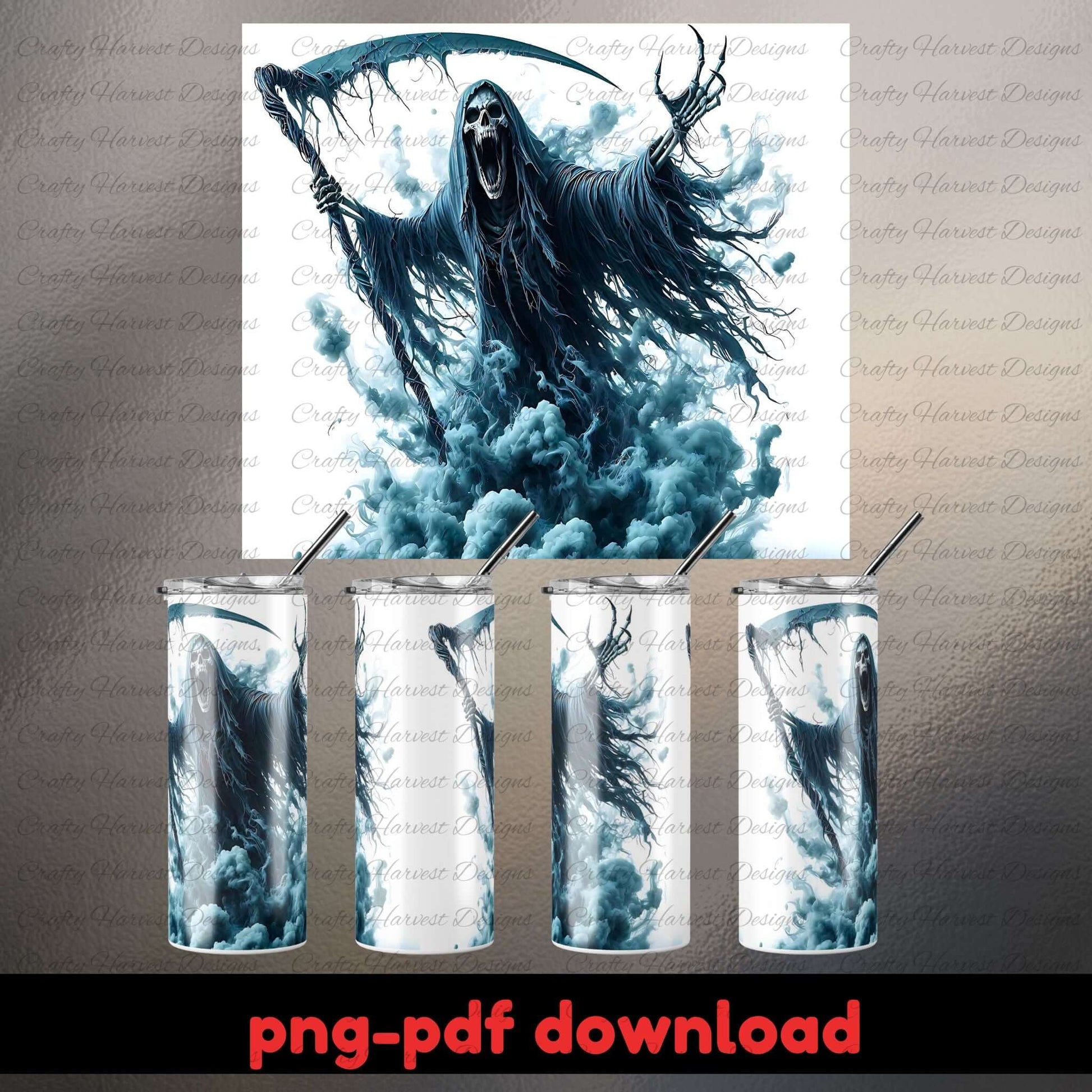 Tumblers with a design of a ghostly figure holding a scythe against a cloudy sky, with 'png-pdf download' text at the bottom.