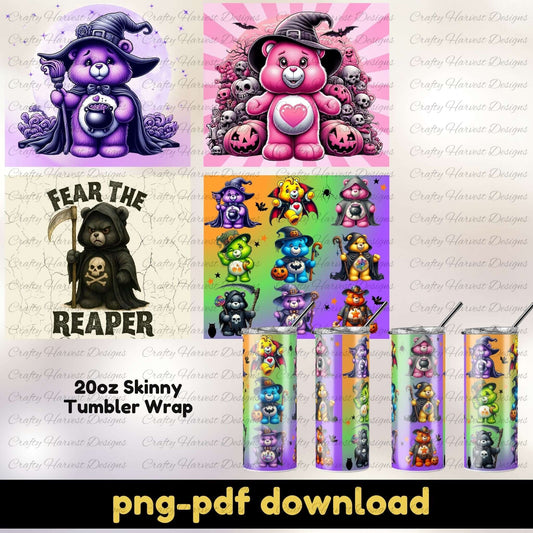A preview image of a Halloween tumbler wrap bundle. It shows cartoon bears in costumes including witches, skeletons, reapers, and zombies, along with mockups of 20oz skinny tumblers. The text “png pdf download” appears at the bottom.