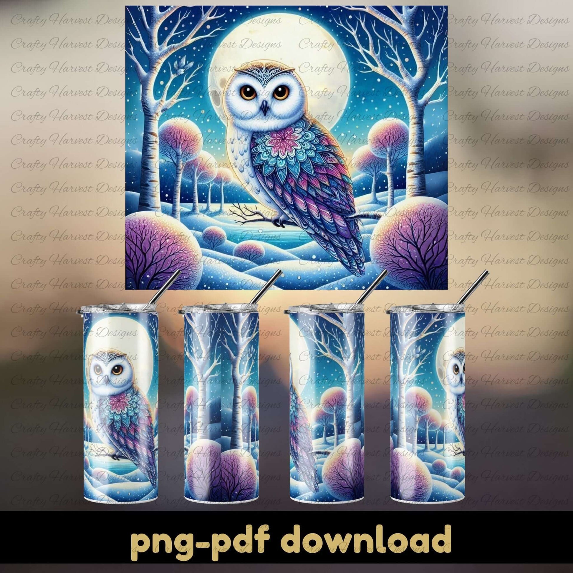 Set of tumblers with owl design in a snowy forest scene, featuring a moon and trees.