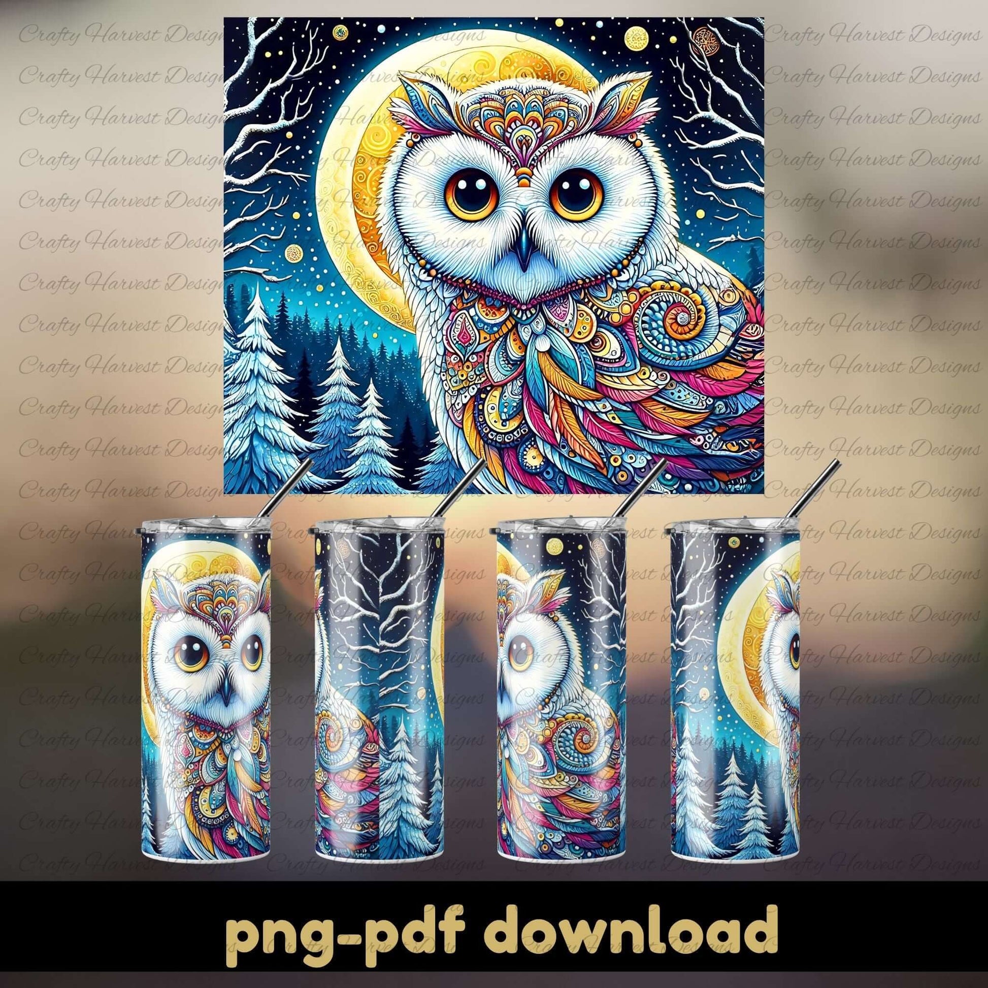 Colorful owl design on tumblers with a matching poster in the background.