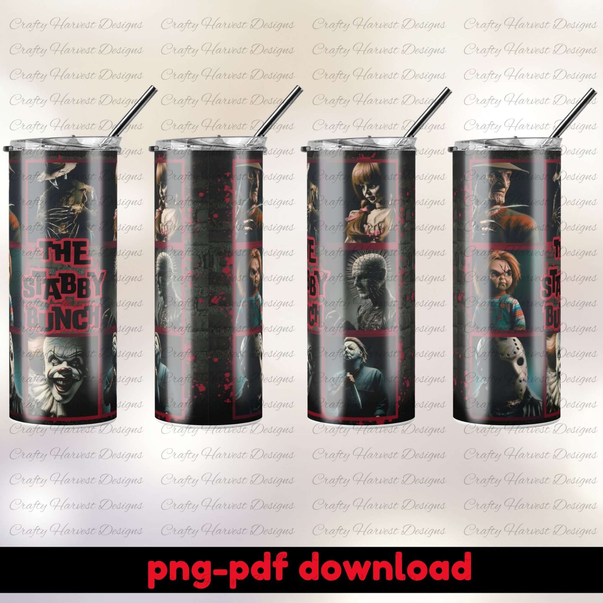 Four tumblers with horror movie character designs on a white background, featuring 'The Slaughterhouse-100' branding.