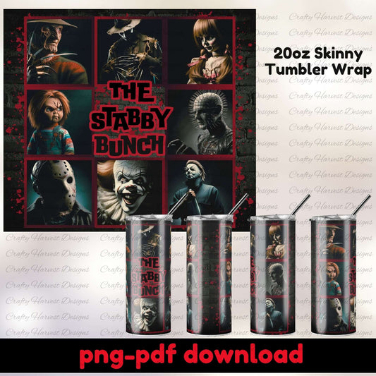 Tumbler wrap design featuring 'The Stabby Bunch' with multiple characters on a black background, displayed with four tumblers.