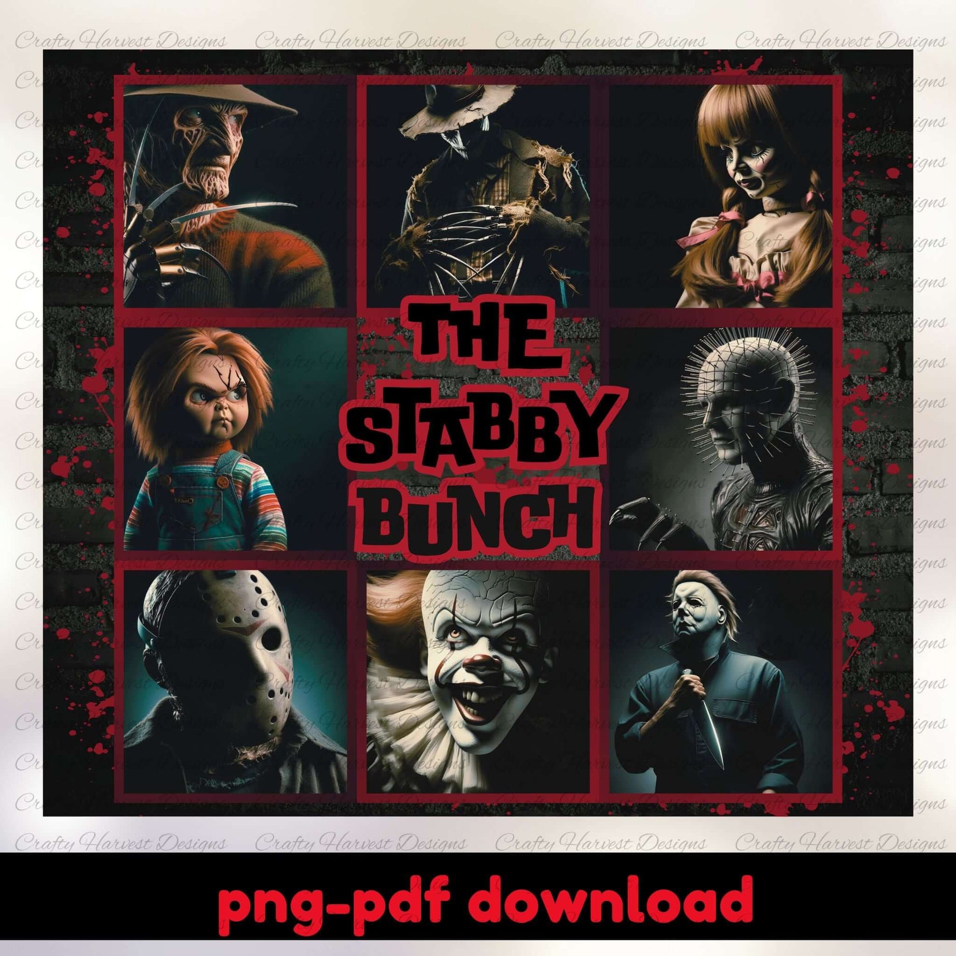 Collage of horror movie characters with 'The Stabby Bunch' text and download options.