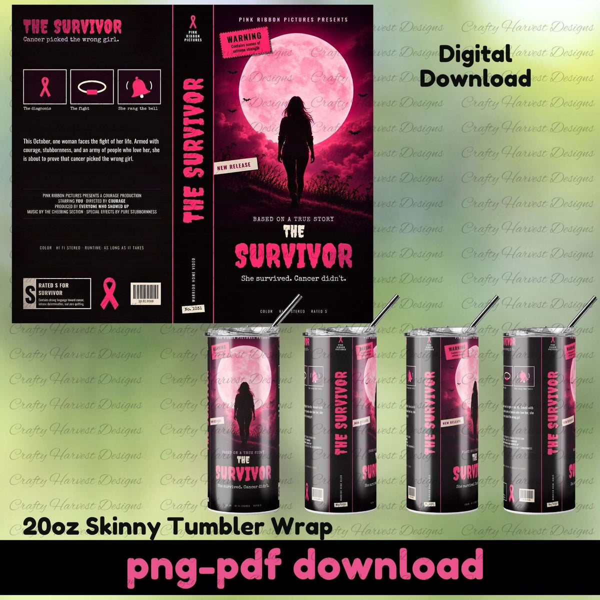 Digital mockup showing a horror-themed tumbler wrap design with a matching sleeve and four skinny tumblers. The design features a pink and black color scheme with a silhouette of a woman in front of a large full moon, plus text including 'THE SURVIVOR' and '20oz Skinny Tumbler Wrap png-pdf download'.