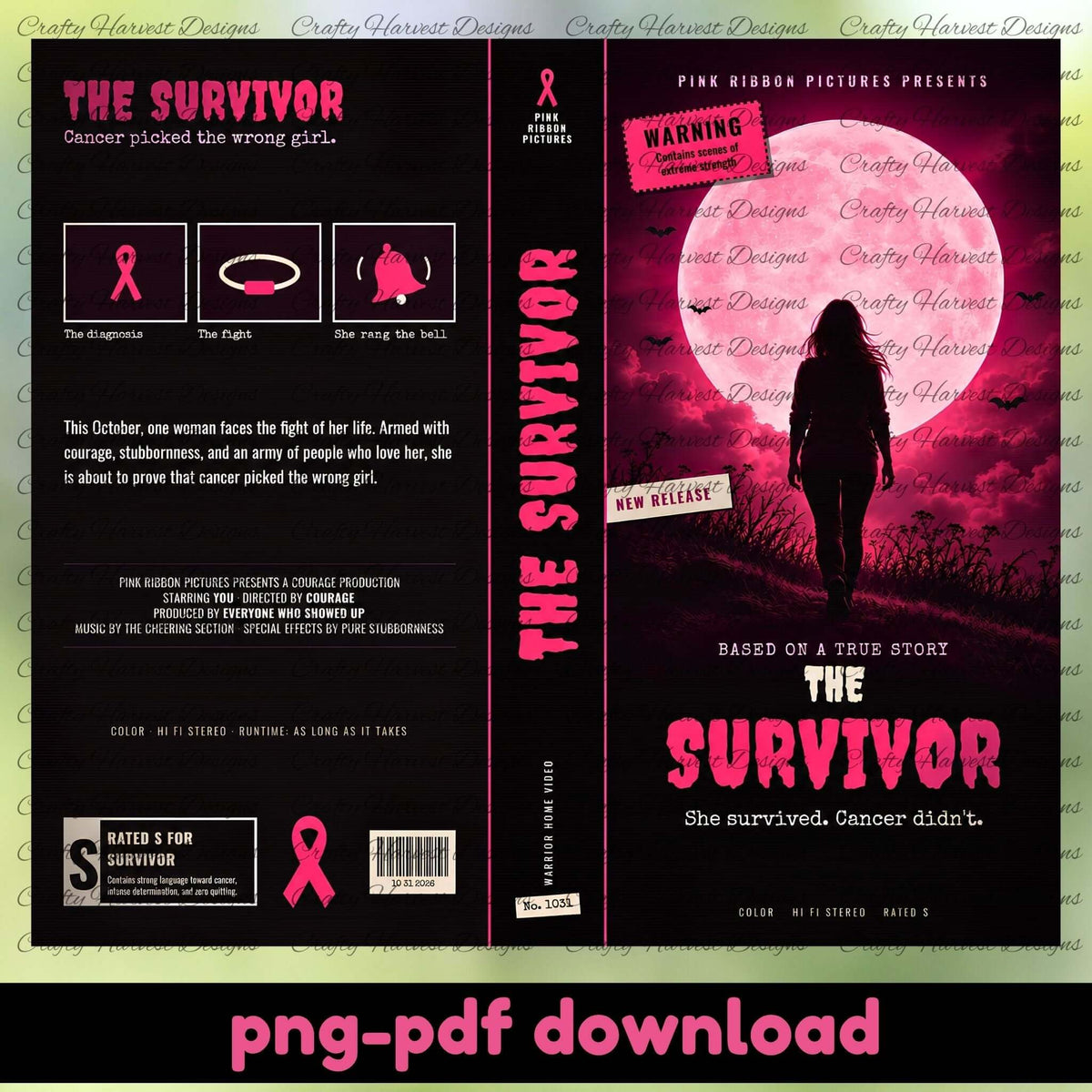 A digital mockup of a book or audiobook cover design for 'The Survivor' with a full front cover, spine, and back cover layout. The design features a dark pink and black color scheme with a silhouette of a woman walking in front of a large full moon, accompanied by cancer awareness ribbon graphics and text.