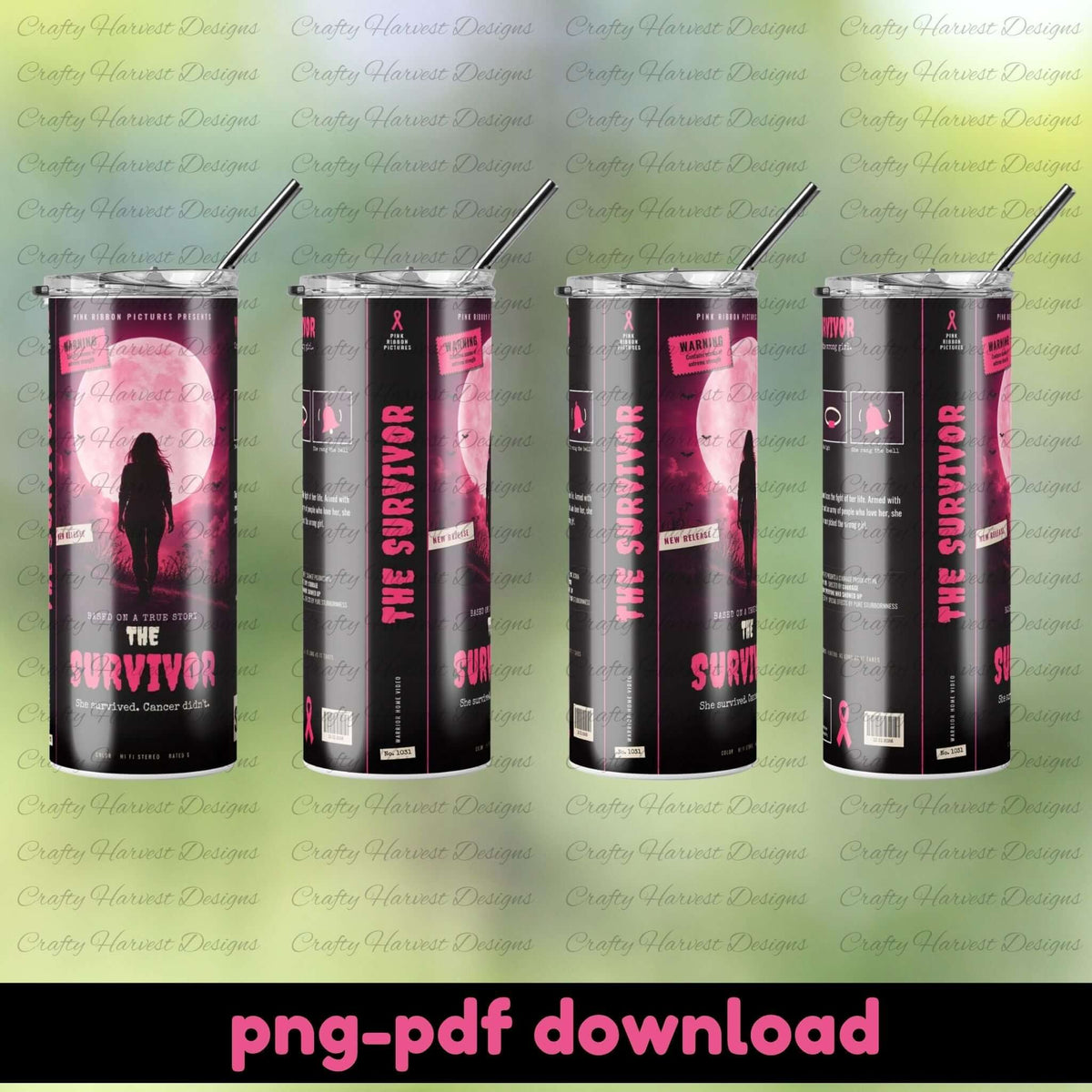 Four views of a skinny tumbler wrap design mockup for a 12 oz tumbler, featuring a horror-themed graphic with the title 'THE SURVIVOR'. The design has a black background with a pink moon, a silhouette, and pink text.