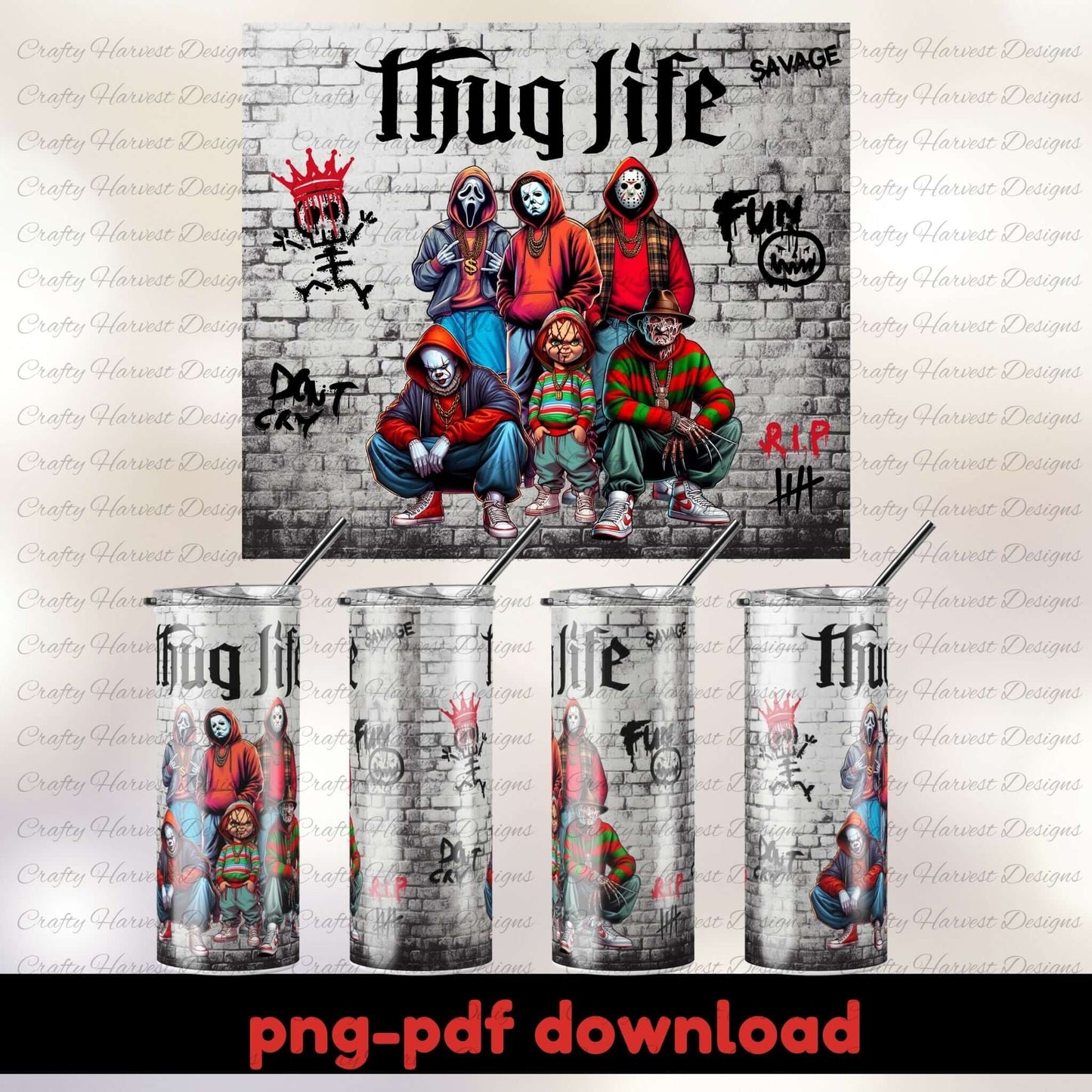 Thug Life 20oz Skinny Tumbler Wrap, Slasher Icons PNG PDF