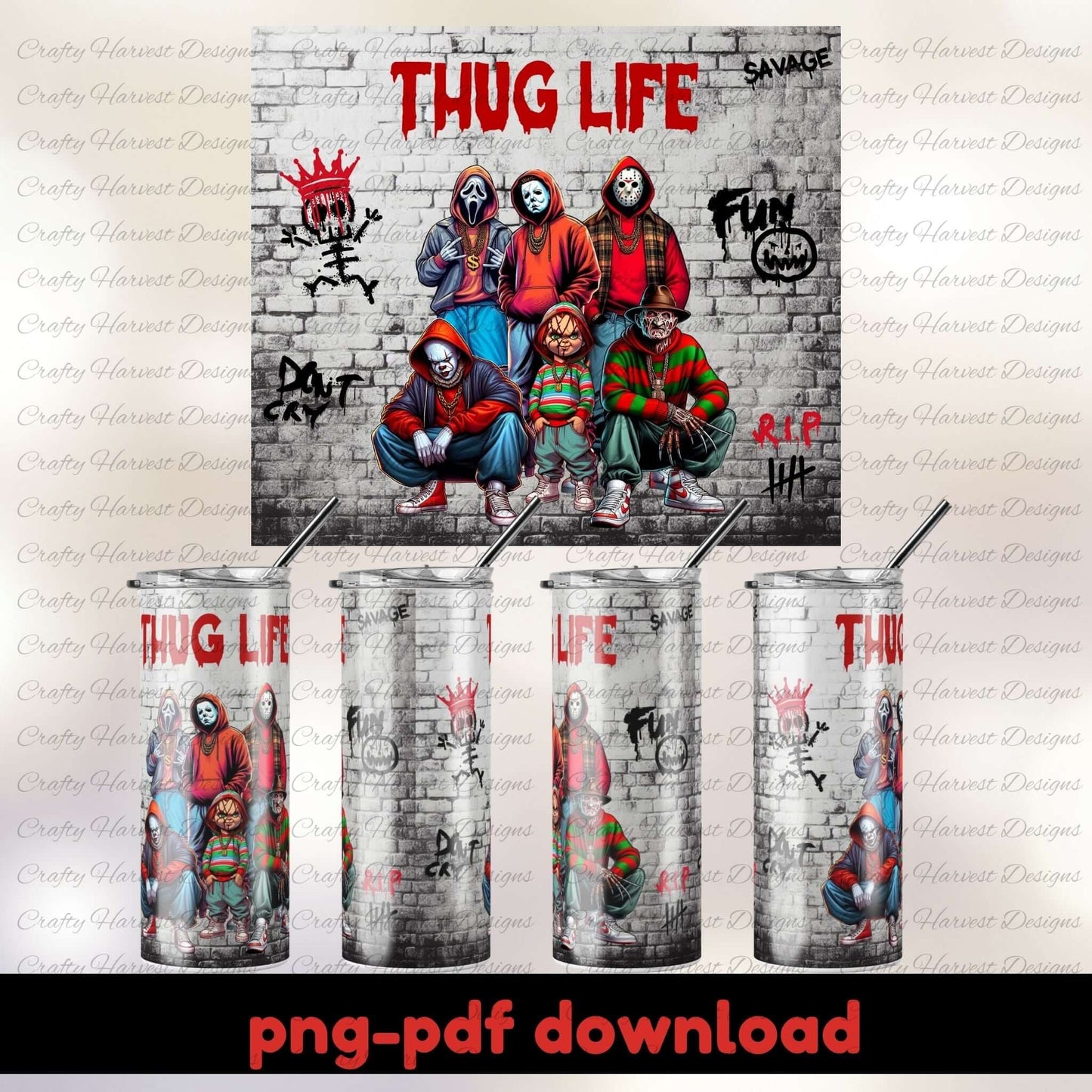 Thug Life 20oz Skinny Tumbler Wrap, Slasher Icons PNG PDF