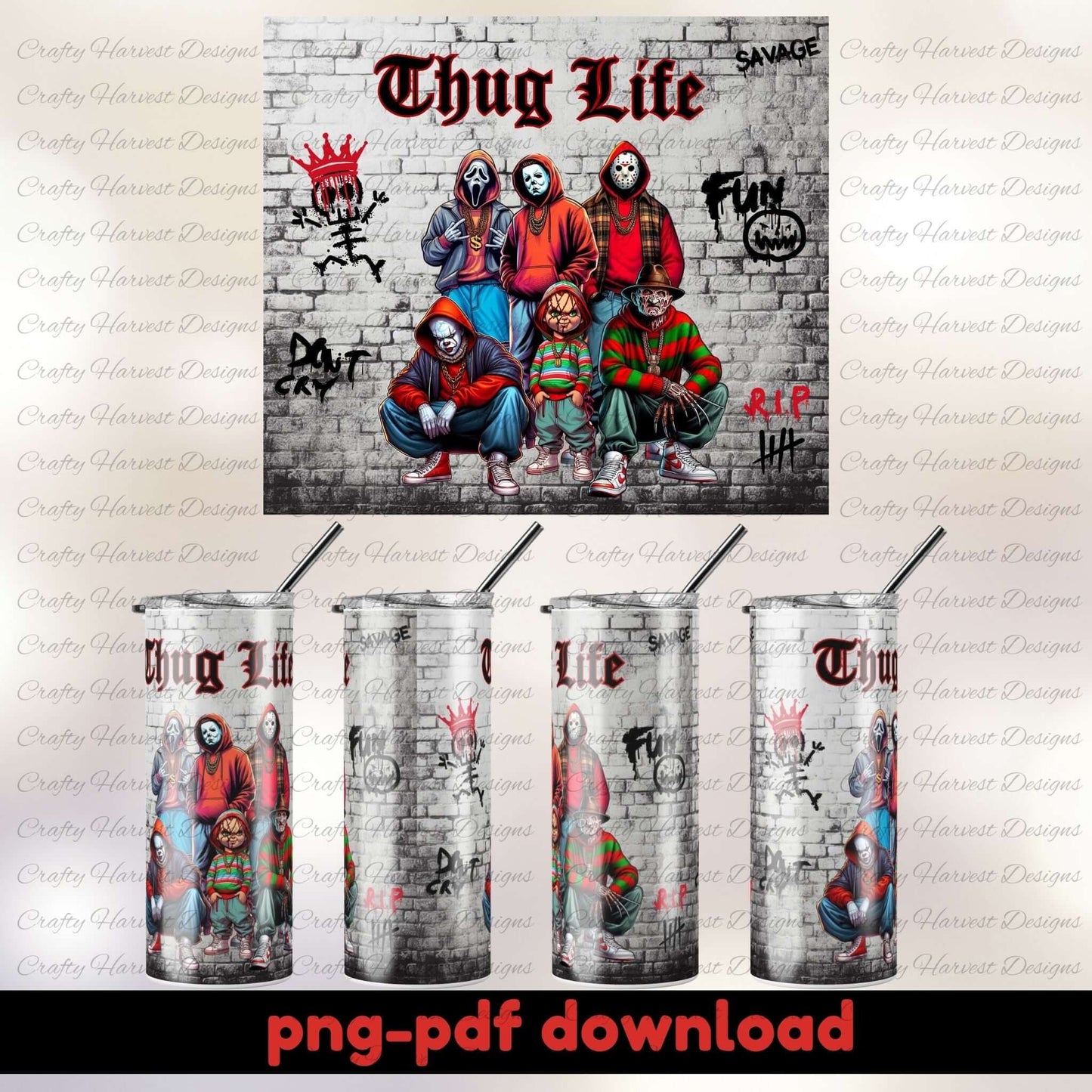Thug Life 20oz Skinny Tumbler Wrap, Slasher Icons PNG PDF