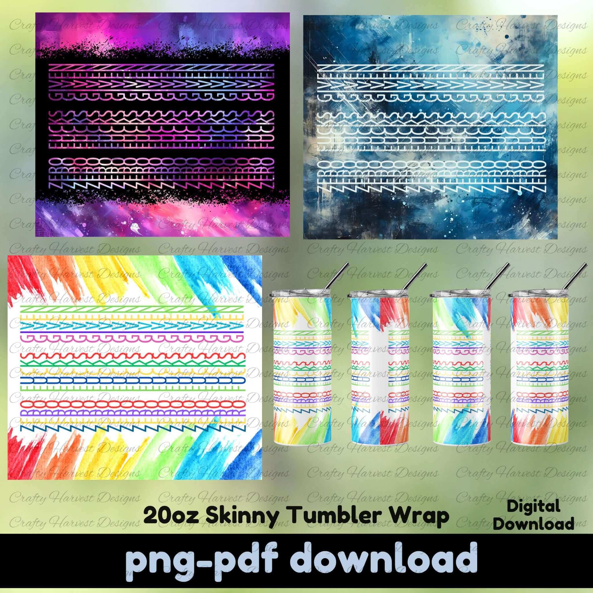 Three colorful 20oz skinny tumbler wrap designs displayed, each featuring a hidden “Zero F*cks Given” message in stylized line patterns. Designs include a rainbow watercolor wrap, a blue grunge style, and a pink-purple galaxy background. Mockups show how the message reveals itself when rotated. PNG and PDF digital download.