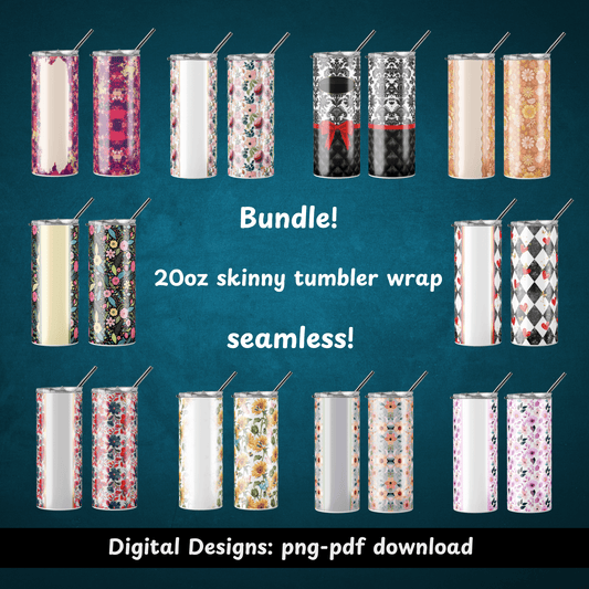 Bundle of 20oz Skinny Tumbler Wraps | 10 Seamless Digital Designs | PNG & PDF Downloads - Crafty Harvest Designs