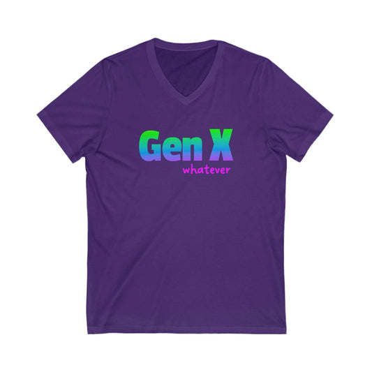 A purple v-neck t-shirt with the design Gen X whatever printed on it.
