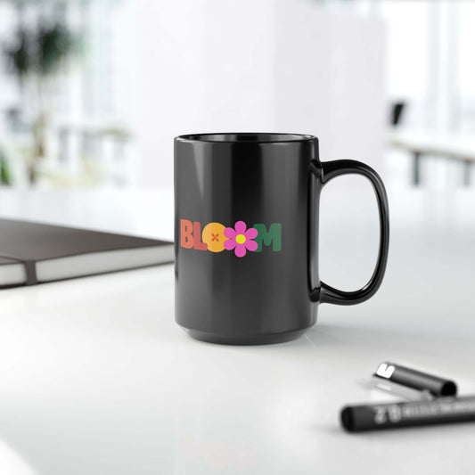 Floral BLOOM Black Ceramic Mug (11oz, 15oz) | Retro BLOOM Coffee Cup