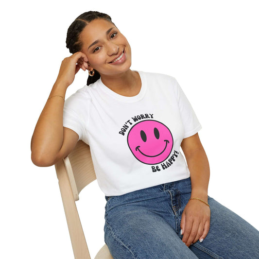 Don’t Worry, Be Happy! Pink Smiley Face Unisex Softstyle T-Shirt