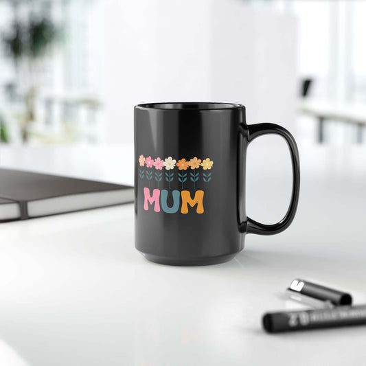 Floral Mum Black Ceramic Mug (11oz, 15oz) | Retro Mum Coffee Cup