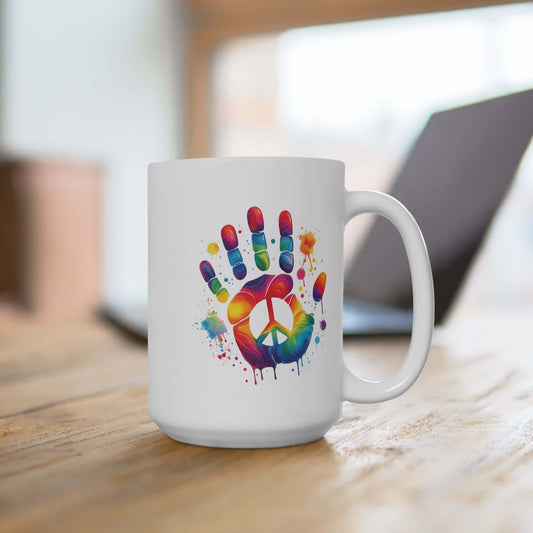 Colorful Peace Handprint 15oz White Ceramic Mug | Vibrant Coffee Cup