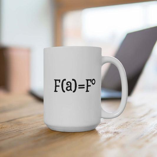 A white ceramic coffee mug featuring the “FAFO equation” design in black text. The mug is placed on a wooden desk with a blurred background of an open laptop, creating a modern workspace setting.