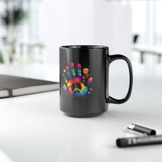 Vibrant Peace Hand Black Ceramic Mug (11oz, 15oz) | Vibrant Peace Hand  Coffee Cup