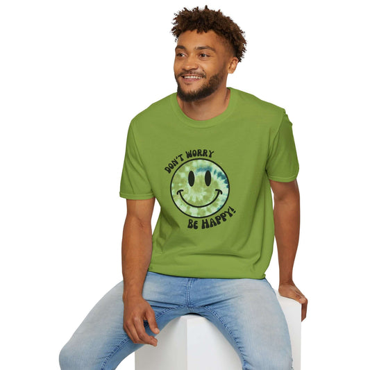 Don’t Worry, Be Happy! Green Tie-Dye Smiley Face Unisex Softstyle T-Shirt