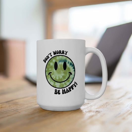 Don’t Worry, Be Happy! Green Tie-Dye Smiley Face Ceramic Mug, (11oz, 15oz)