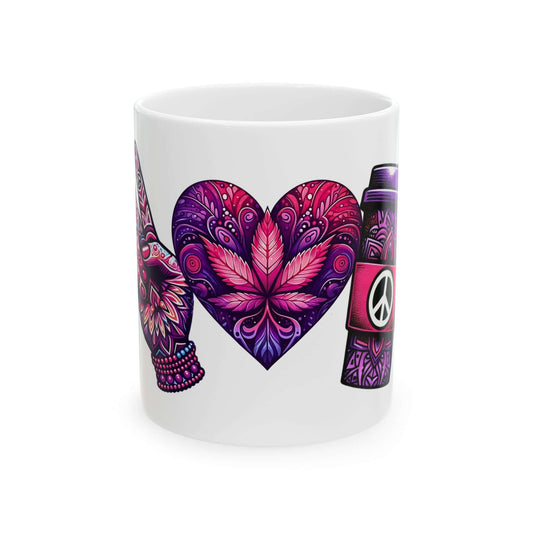Peace, Love, and Coffee Ceramic Mug, (11oz, 15oz) | Boho-Inspired Ceramic Mug
