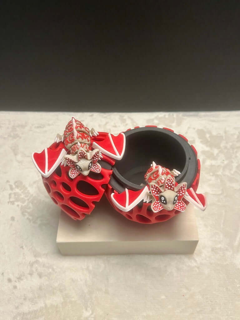 Red and black decorative item with cartoon character on a light gray surface