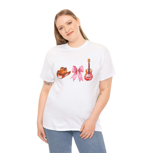 Cowgirl Aesthetic Unisex Heavy Cotton Tee | Western Hat, Bow & Guitar