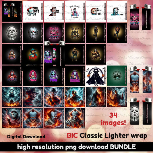 Preview of a digital bundle featuring 34 high-resolution PNG lighter wrap designs for BIC Classic lighters. Includes horror-themed characters, gothic women, flaming skulls, and Western elements. Text reads: ‘Digital Download,’ ‘BIC Classic Lighter wrap,’ and ‘34 images!’ displayed in a grid format