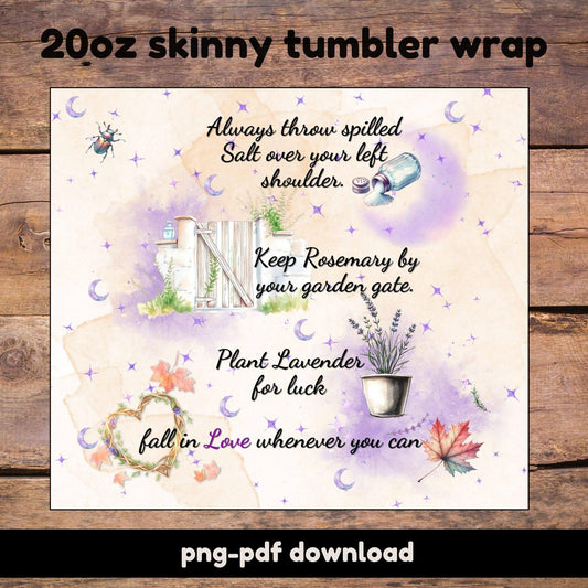 Watercolor tumbler wrap with a Practical Magic-inspired quote and whimsical illustrations of salt, rosemary, lavender, and autumn leaves on a dreamy background.