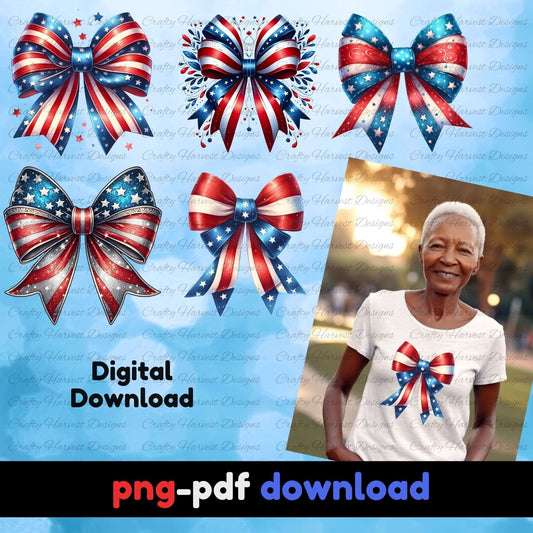 Five patriotic red, white, and blue bow designs displayed on a blue background with stars, shown as a digital download in PNG and PDF formats. A mockup of an older woman wearing one of the bow designs on a white t-shirt is included to showcase use.