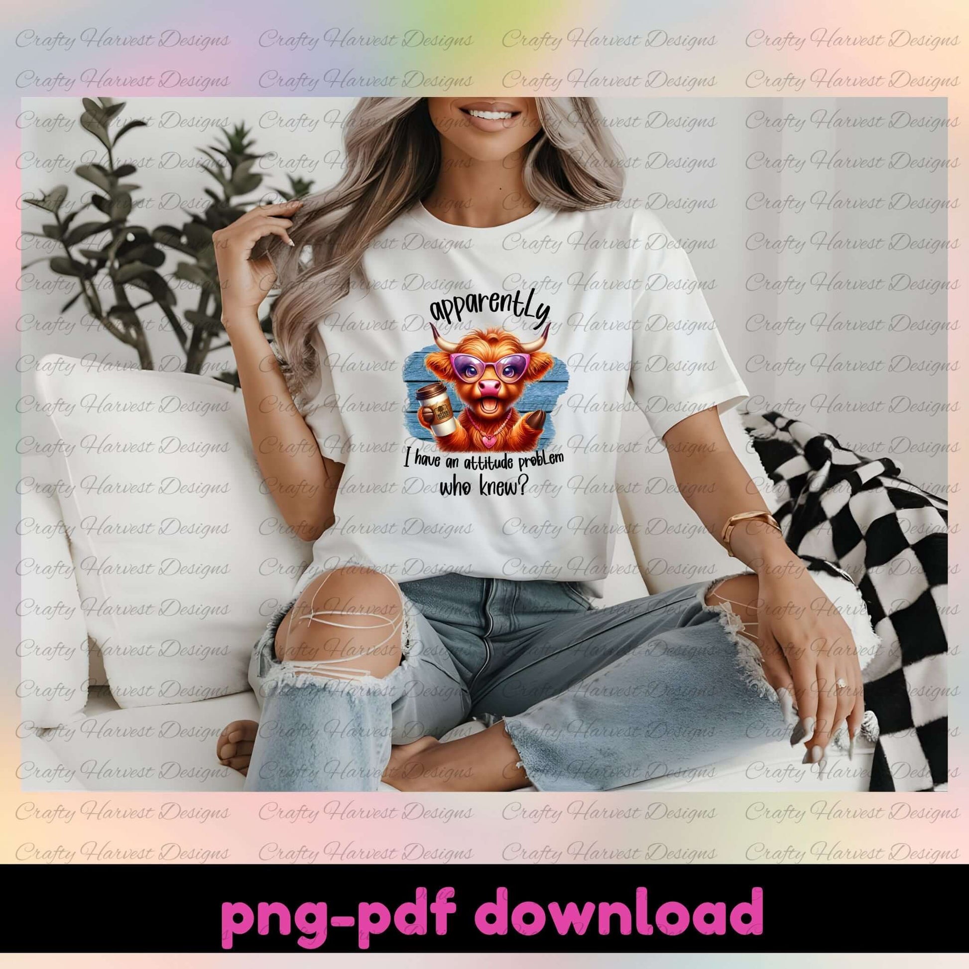 Person wearing a white t-shirt with a graphic design and text, sitting on a couch.
