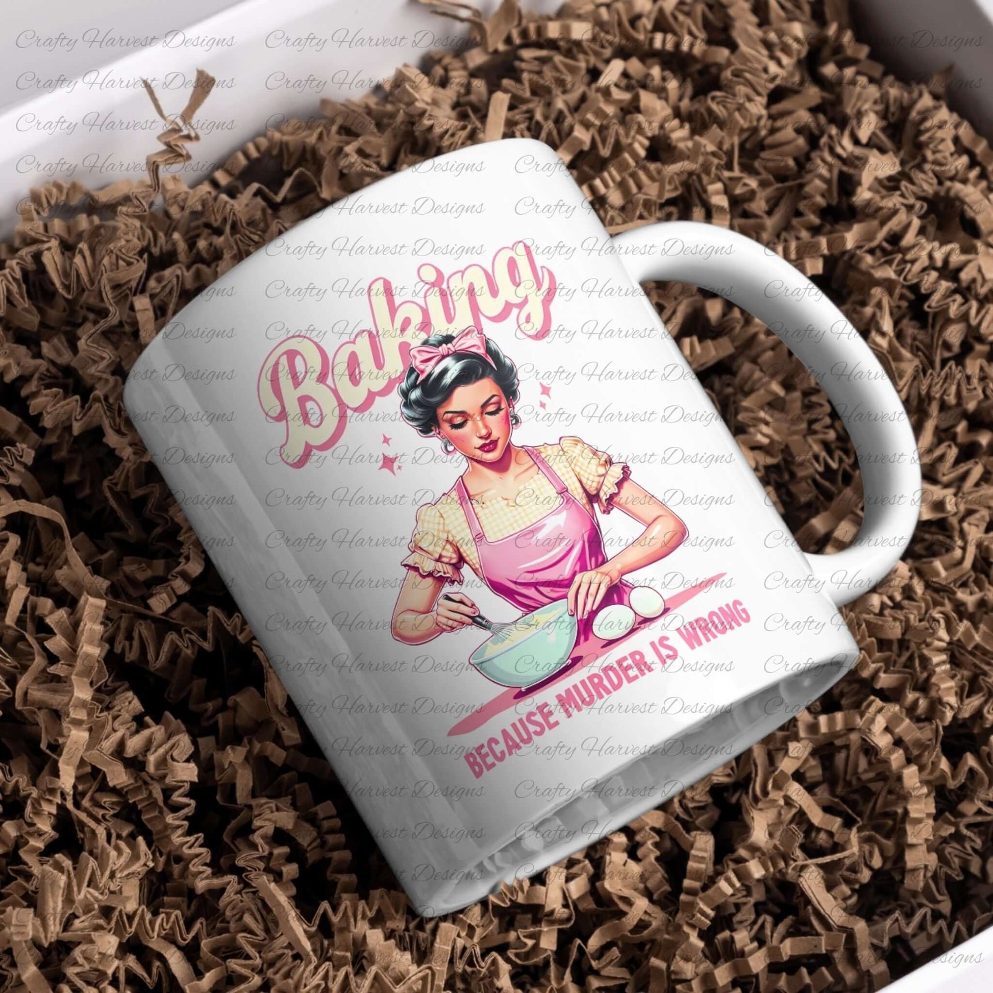 White ceramic mug featuring a retro baking design with the phrase ‘Because Murder is Wrong,’ nestled in a box with brown crinkle paper packaging.
