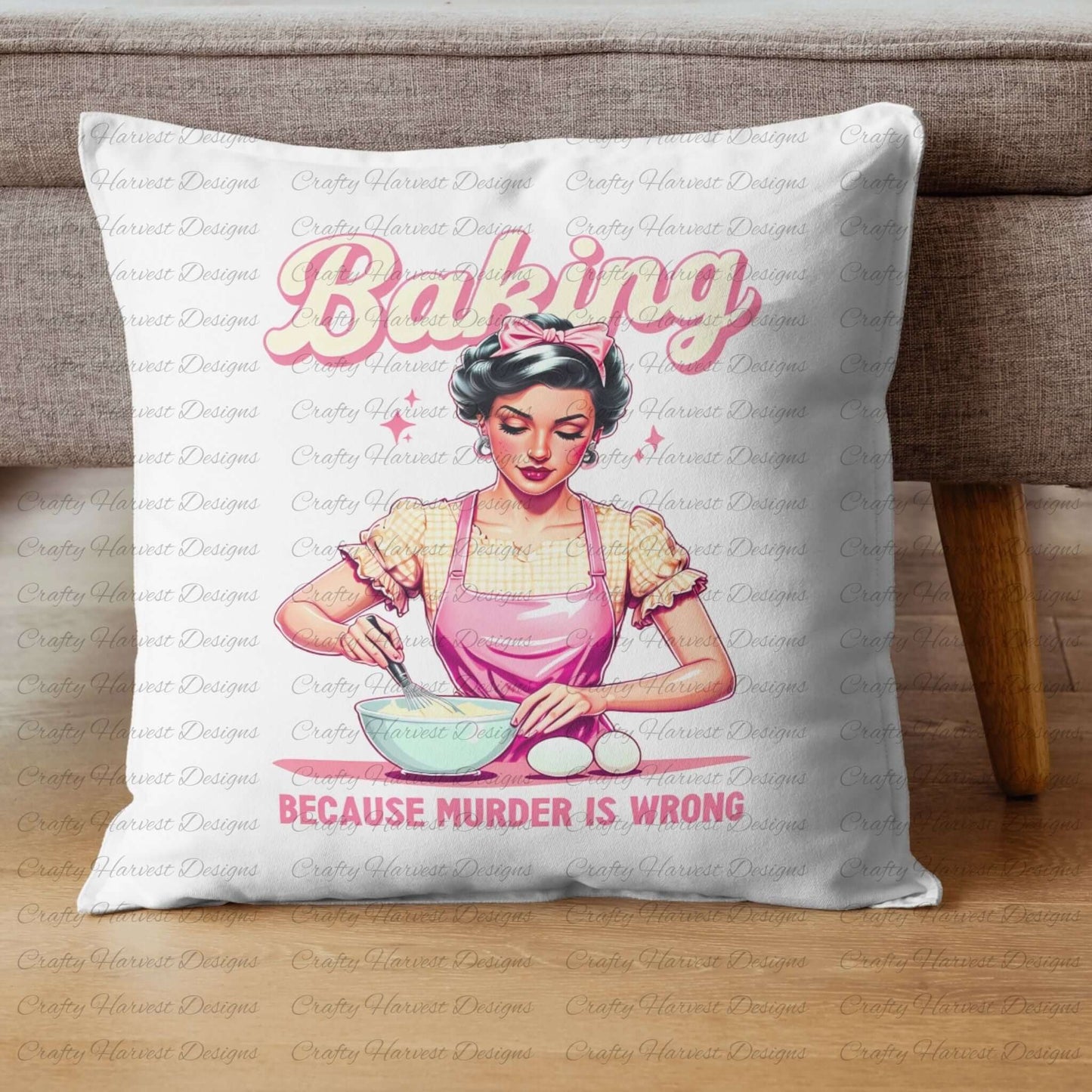 Decorative pillow featuring a retro-inspired baking design with the humorous phrase ‘Because Murder is Wrong.’ Design showcases a vintage-style woman mixing ingredients in a bowl, with pink and pastel tones, ideal for home decor.