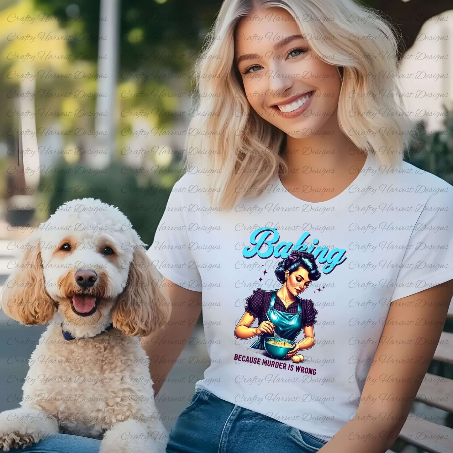 Smiling woman wearing a t-shirt featuring a retro baking design with the phrase ‘Because Murder is Wrong,’ accompanied by a fluffy dog outdoors. 