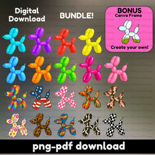 Digital download bundle of colorful balloon dog designs with a bonus canva frame on a gray background.