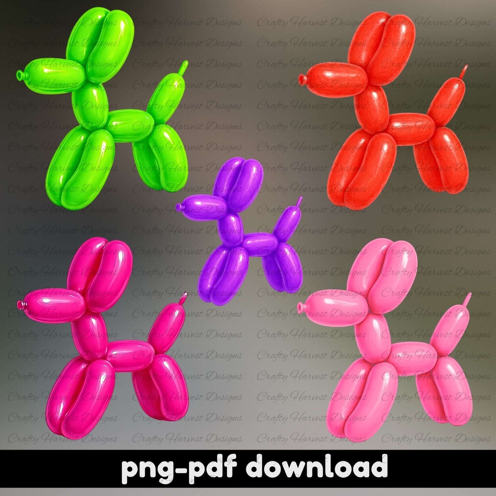 Colorful balloon dog models on a dark background with 'png-pdf download' text.
