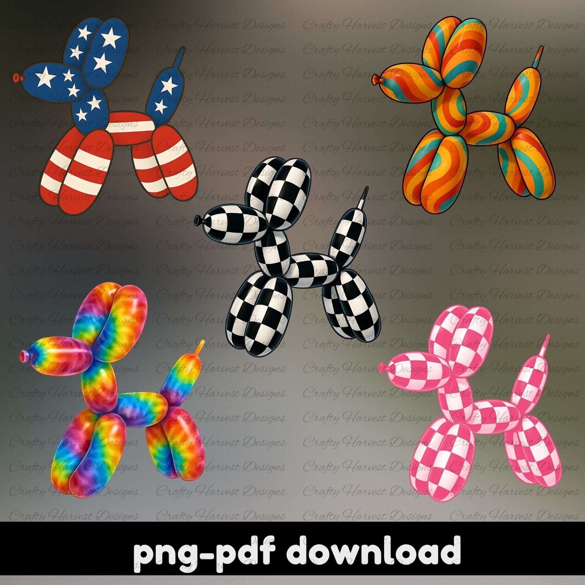 Set of colorful balloon dog sculptures with various patterns on a gray background.