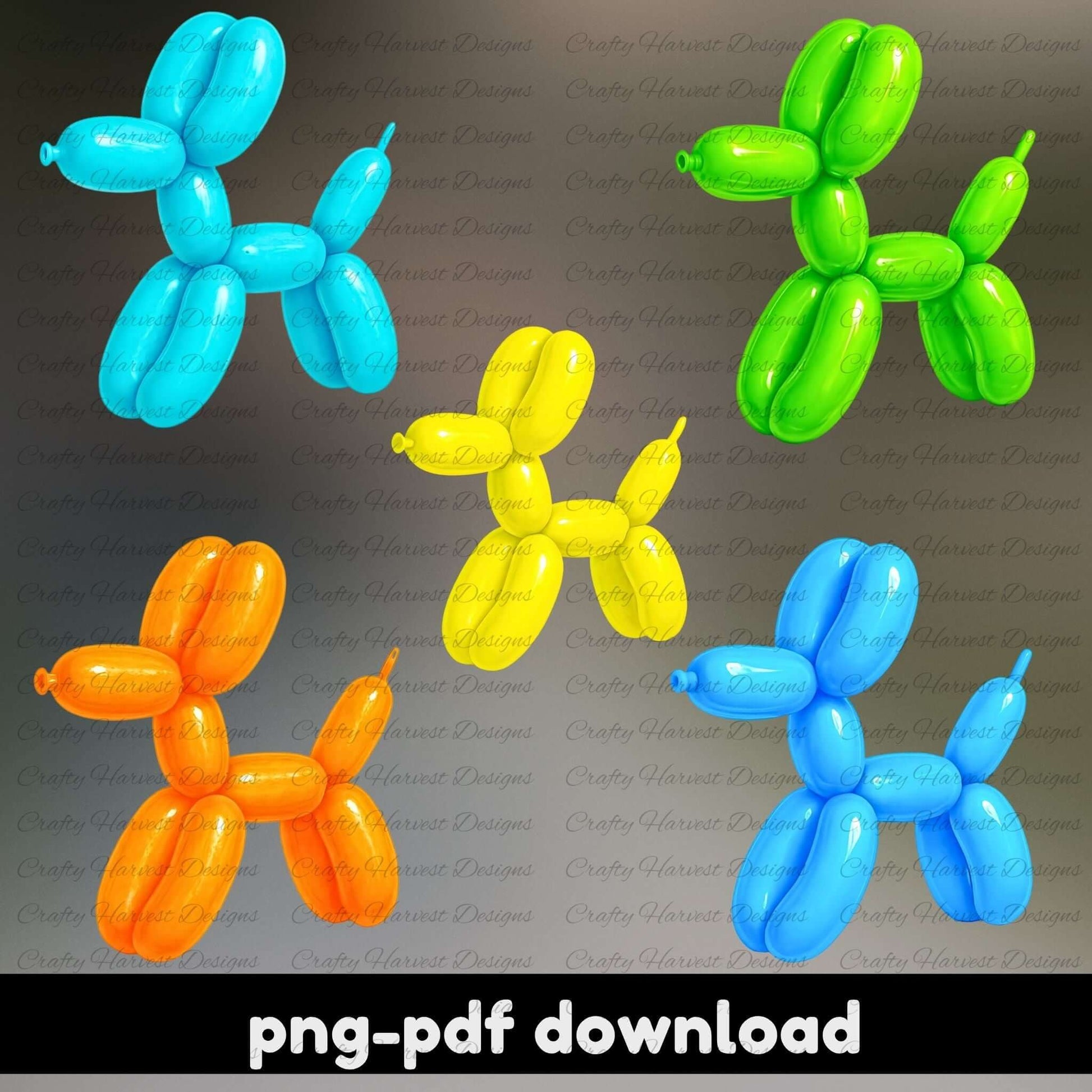 Five colorful balloon dog sculptures on a dark background with 'png-pdf download' text.