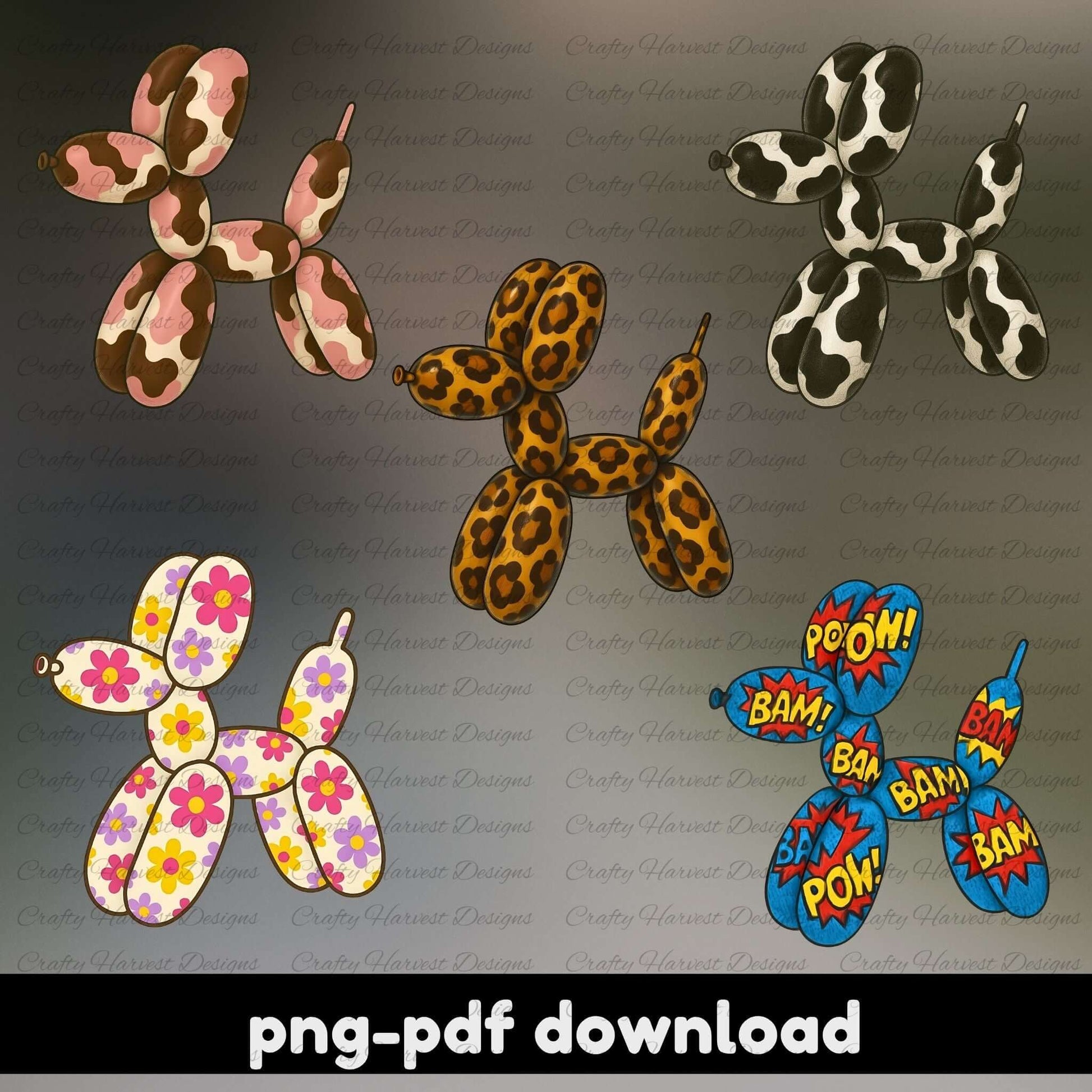 Collection of balloon dog designs with different patterns on a gray background.