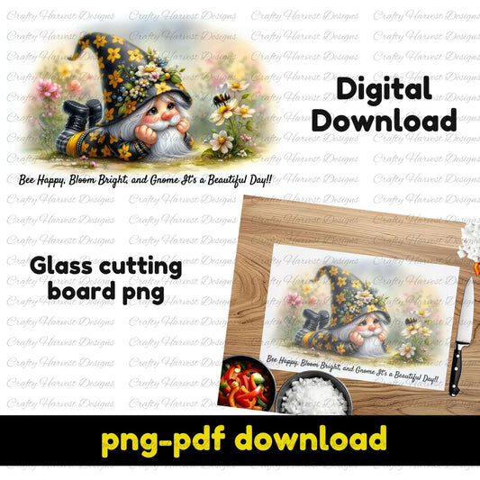 Digital download of a glass cutting board PNG featuring a cute spring gnome with yellow flowers and a bee. Shown as a printable design and on a wooden kitchen mockup.